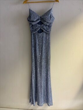 Windsor Silver-Blue Sequin Spaghetti-Strap Cutout Maxi Gown